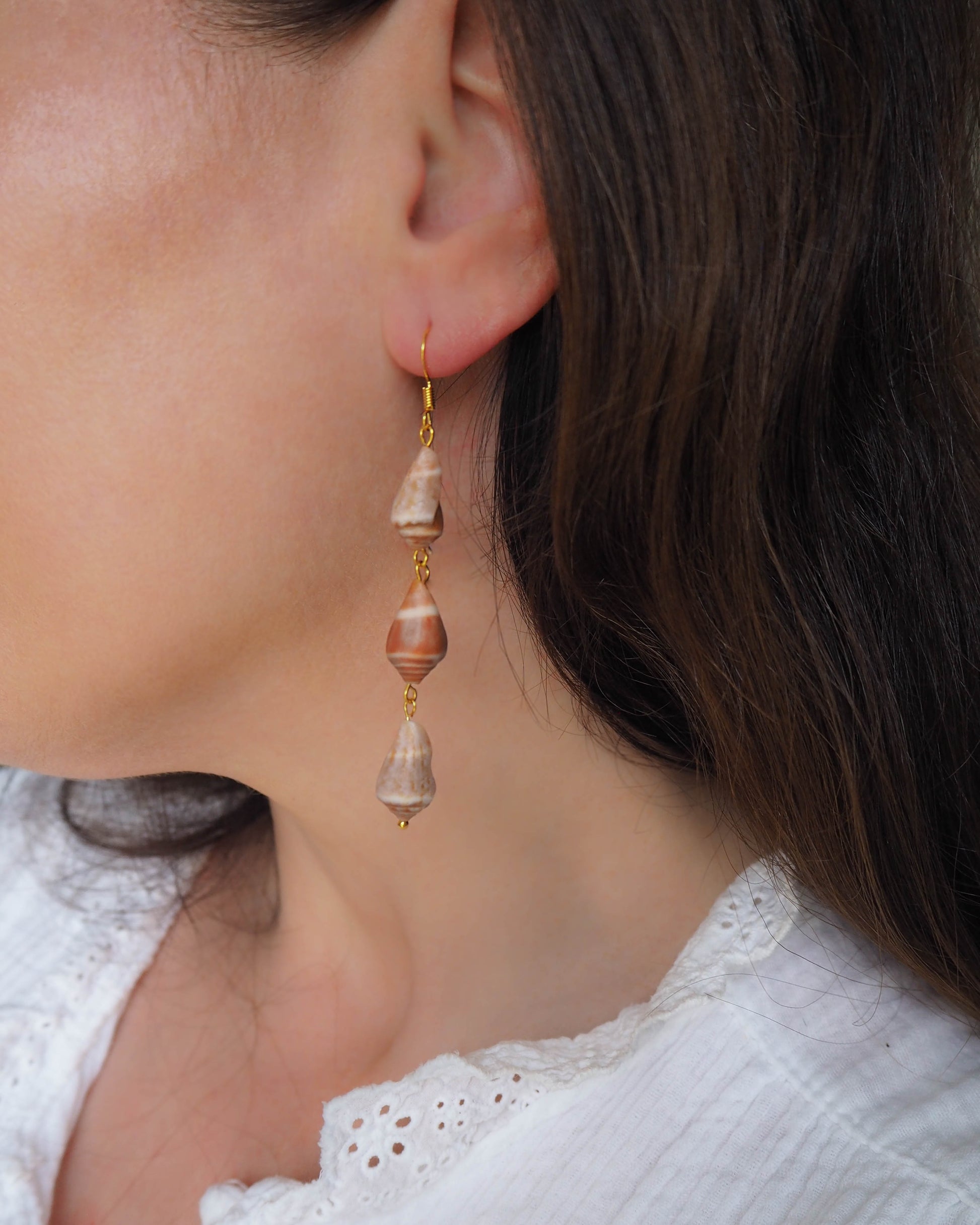 Drop Dangle Gold Earrings with 3 Real Cone Shells from Portugal, seabylou