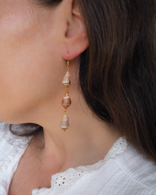 Drop Dangle Gold Earrings with 3 Real Cone Shells from Portugal, seabylou