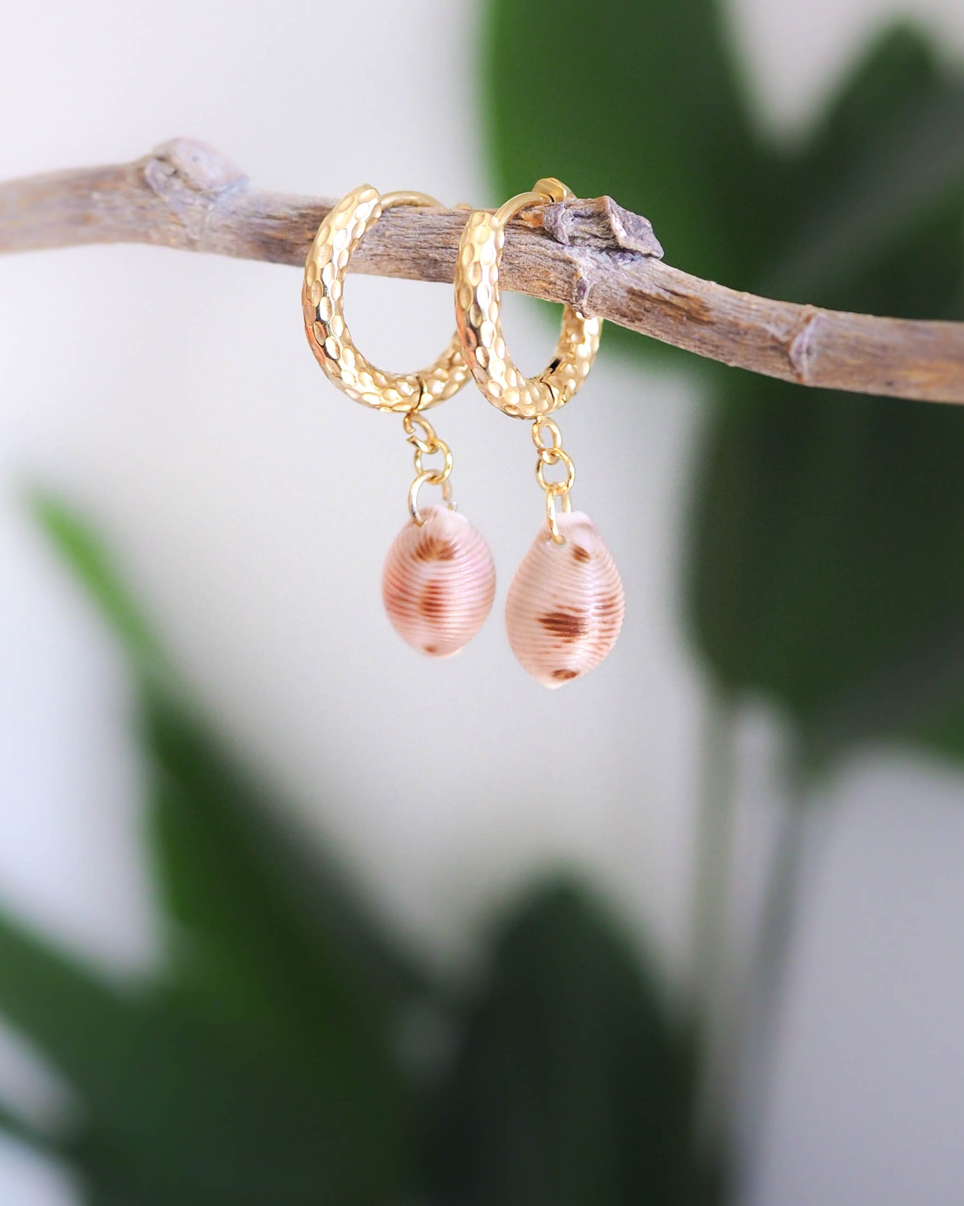 Boho Beach Style: Cowrie Shell Earrings with Gold Hooks – Seaside Chic Jewellery, Sea by Lou, Portuguese Coastal Jewelry