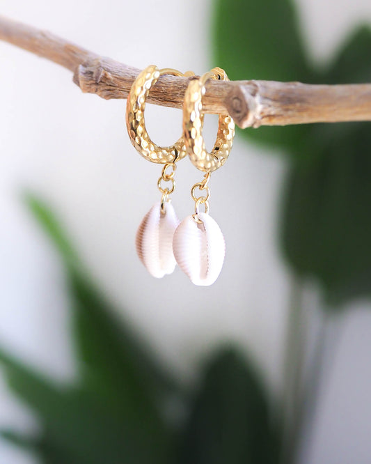 Handpicked Cowrie Shell Earrings with Gold Stainless Steel Loop Hooks, Ocean inspired jewelry, seabylou