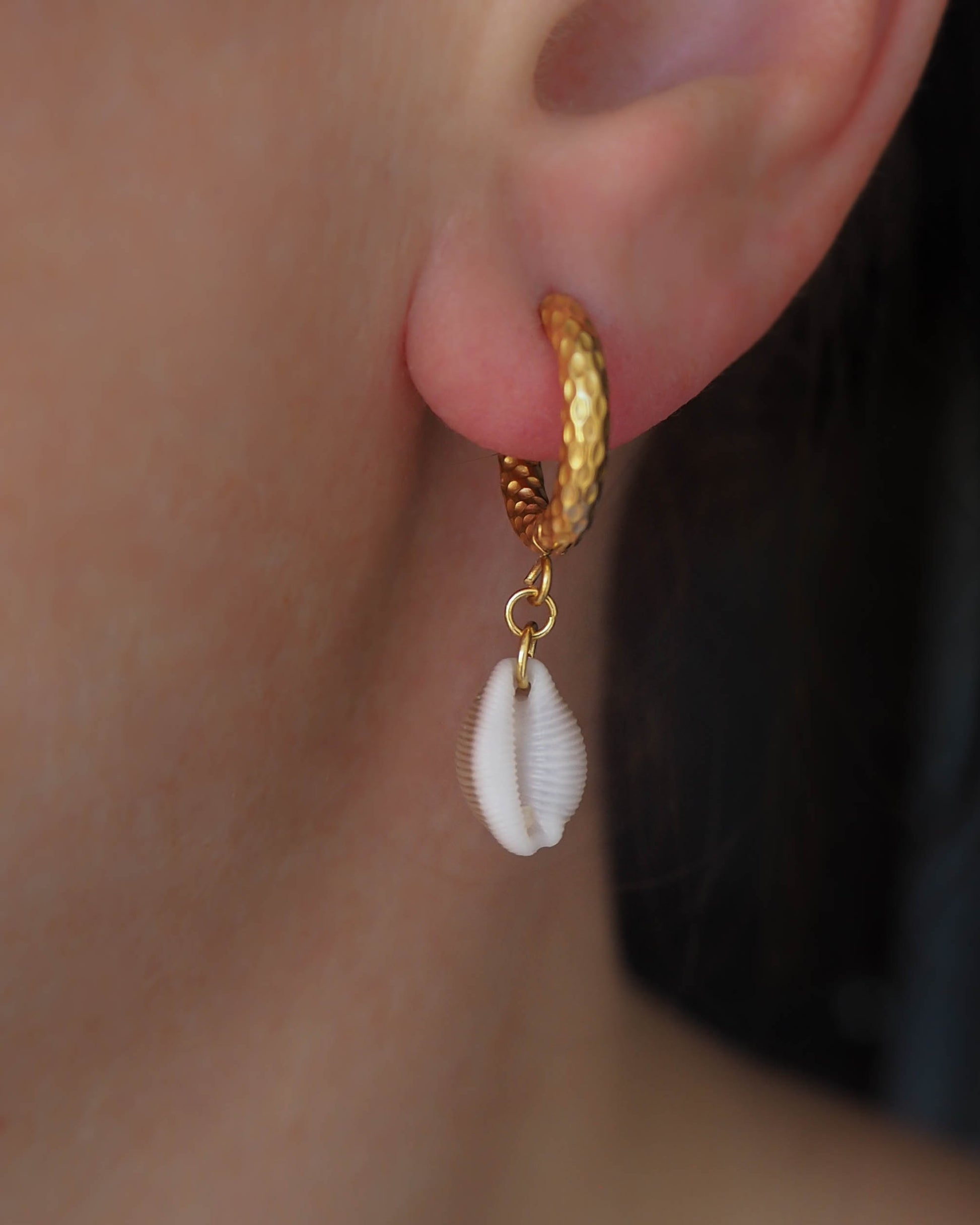 Model wearing Cowrie Shell Earrings with Gold Hooks – Seaside Chic Jewellery, Sea by Lou, Portuguese Coastal Jewelry