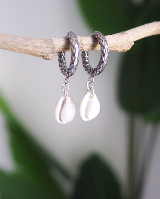 Handpicked Cowrie Shell Earrings with Silver Stainless Steel Loop Hooks, Ocean inspired jewelry, seabylou, Shell Jewelry Portugal