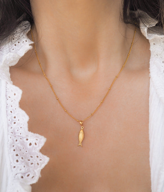 Gold Portuguese Sardine Necklace, Fish Necklace from Portugal