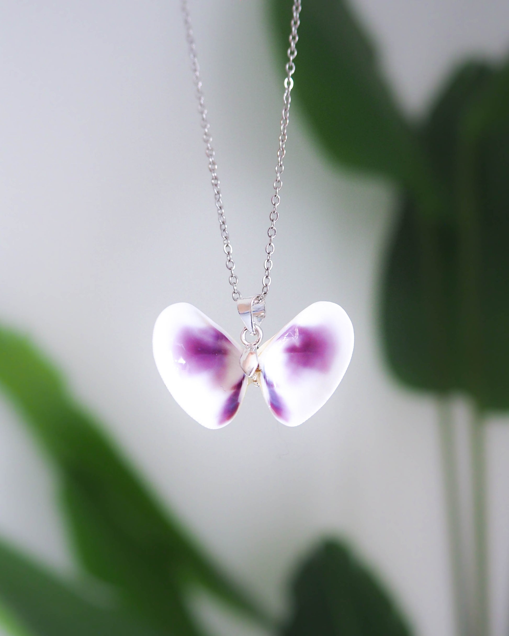 Purple Coquina Shell Butterfly Silver Necklace front view