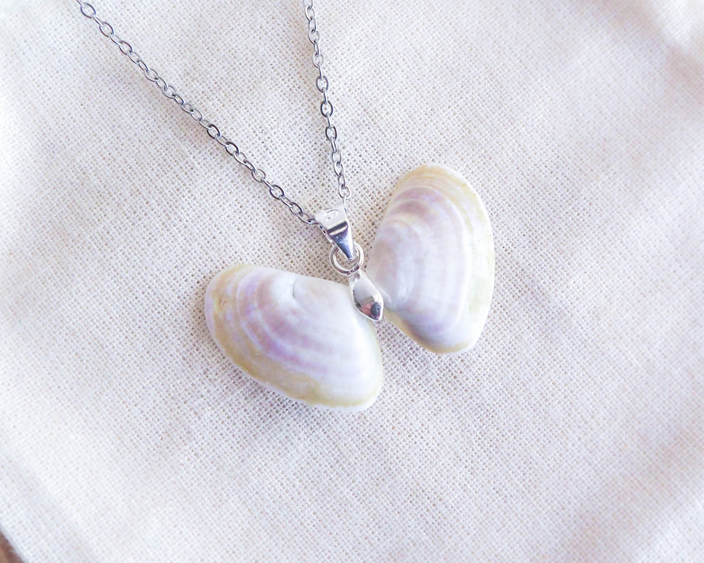 Purple Coquina Shell Butterfly Silver Necklace back side