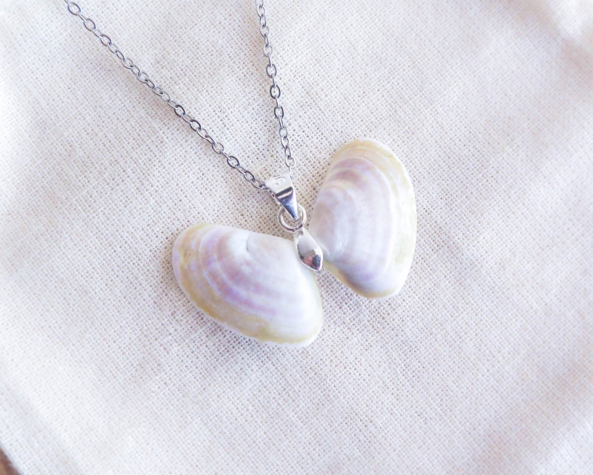 Purple Coquina Shell Butterfly Silver Necklace back side