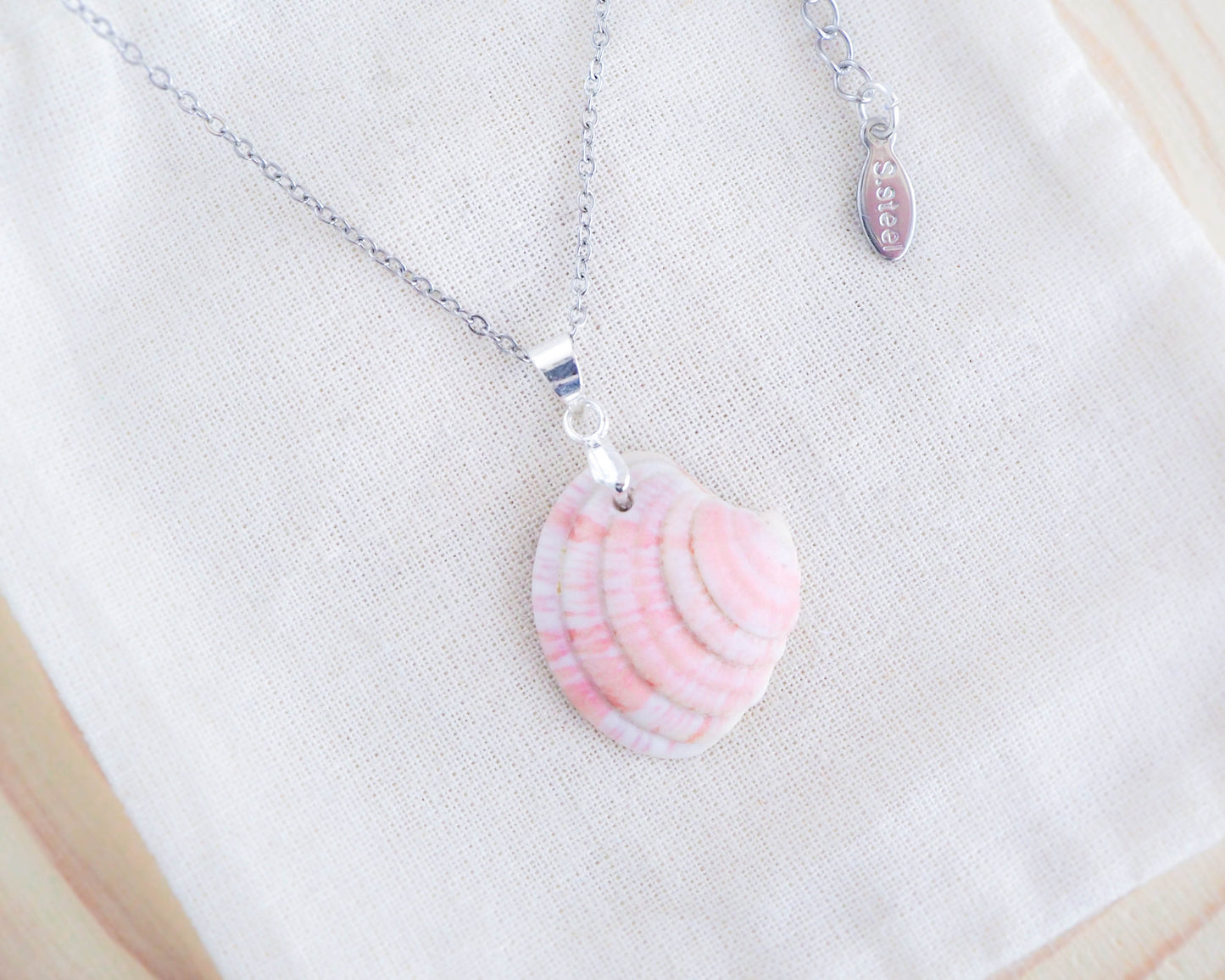 Pink Shell Silver Necklace on display, Pink Shell from Portugal, Sea by Lou jewelry