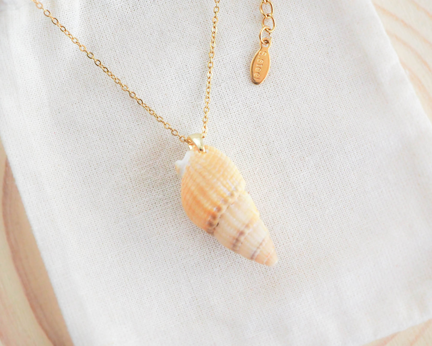 Netted Dogwhelk Shell Gold Necklace on display, Real Shell Jewelry from Portugal, Sea by Lou - Ocean Inspired