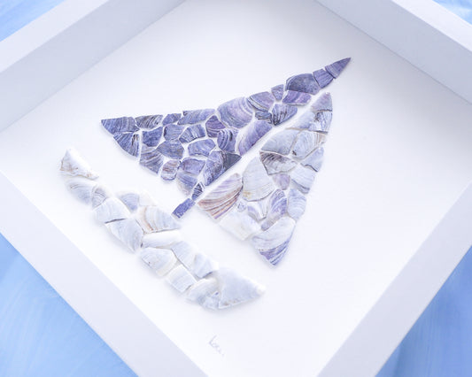 Side view of Sailing Boat of Shells, Blue Mussel Shells Mosaic Boat, barco a vela, Seashell artwork from Algarve, unique coastal artwork