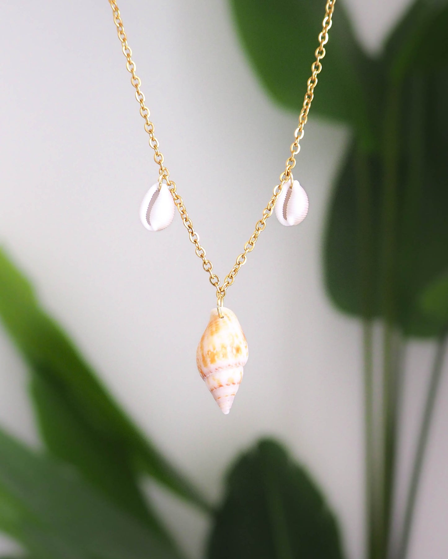 Close-up of Shell Necklace: Cowrie Shell  and Rustic Dove Shell on Gold Stainless Steel Necklace, Coastal Jewelry from Portugal