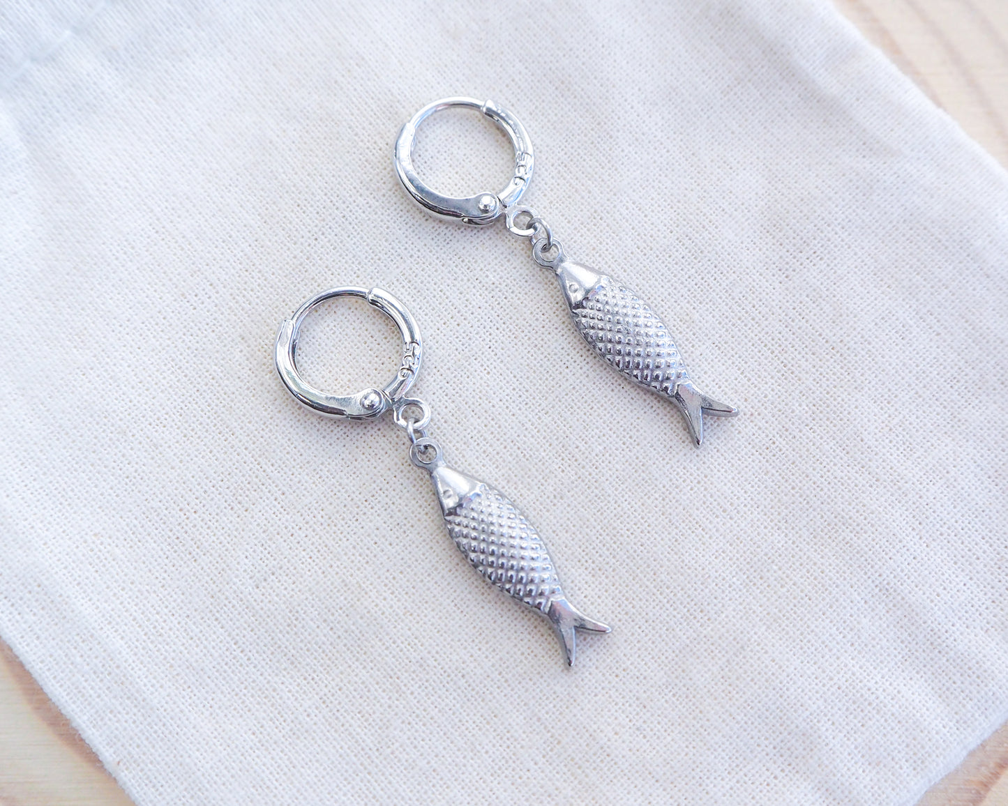 Close-up of Portuguese Sardine Earrings Sterling Silver - Sea by Lou - Coastal Earrings - Seabylou - Portugal Sardine Jewelry