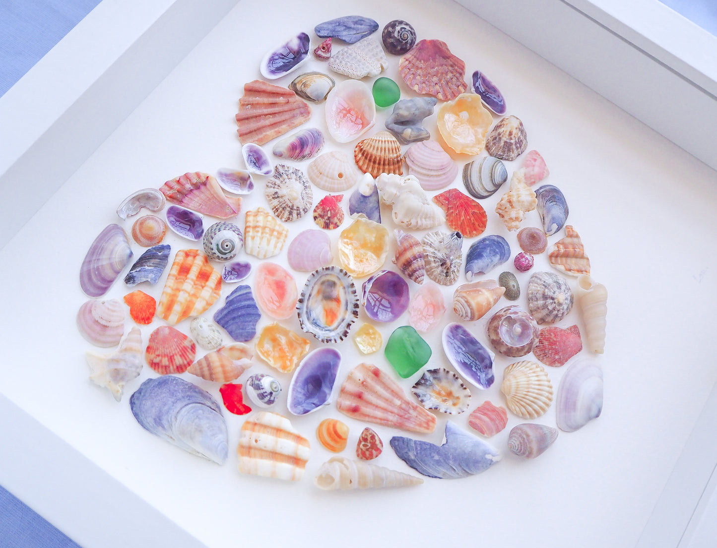 Shell Heart Rainbow Color in Frame side view, Coastal Nursery room, Seashell Heart