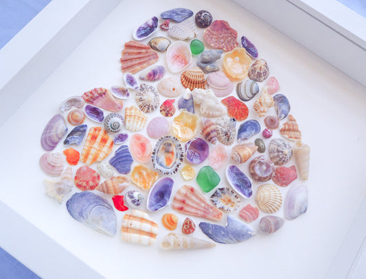 Shell Heart Rainbow Color in Frame side view, Coastal Nursery room, Seashell Heart