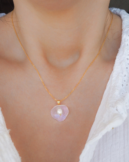 Soft Pink Jingle Shell Gold Necklace with White Freshwater Pearl on model