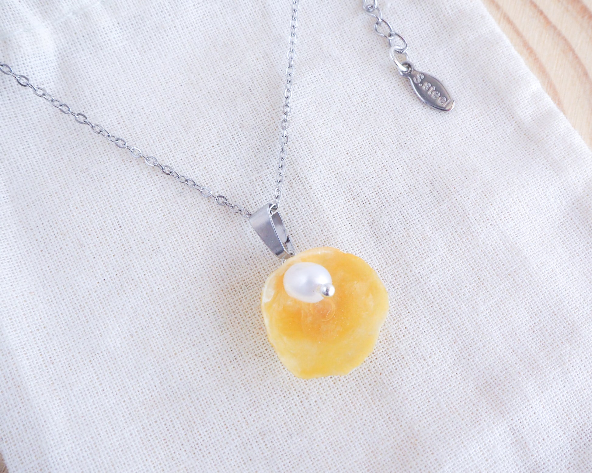 Yellow Jingle Shell Silver Necklace, Mother of Pearl Pendant