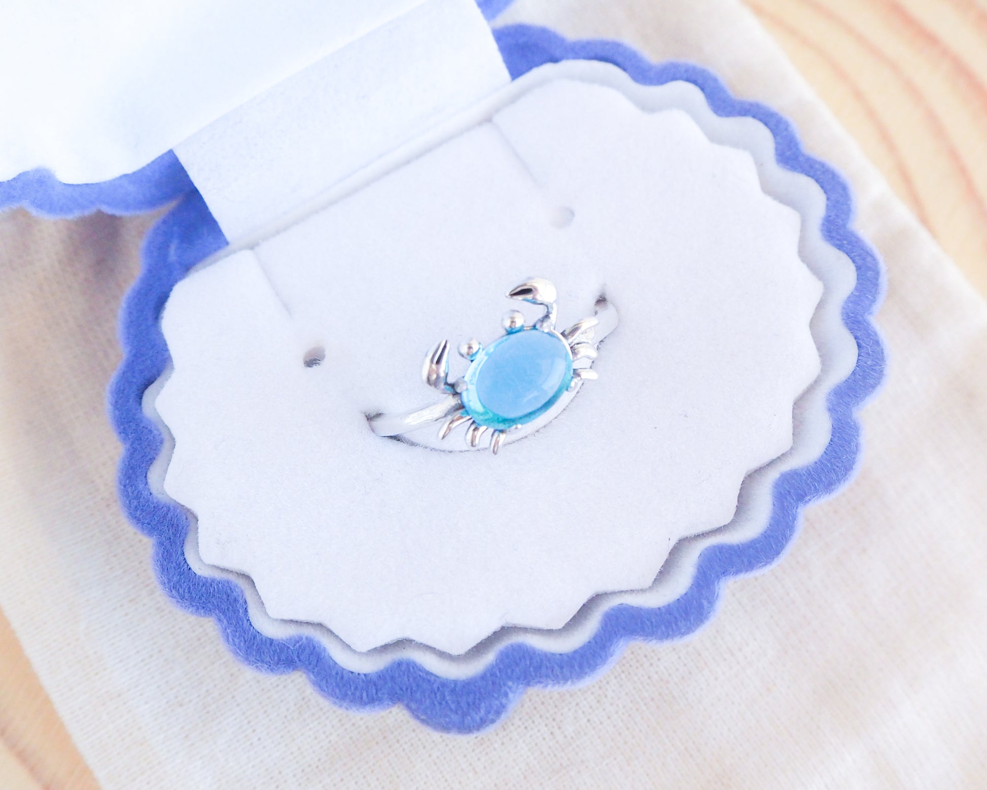 Crab Ring 925 Sterling Silver with Blue Sea Glass in seashell box
