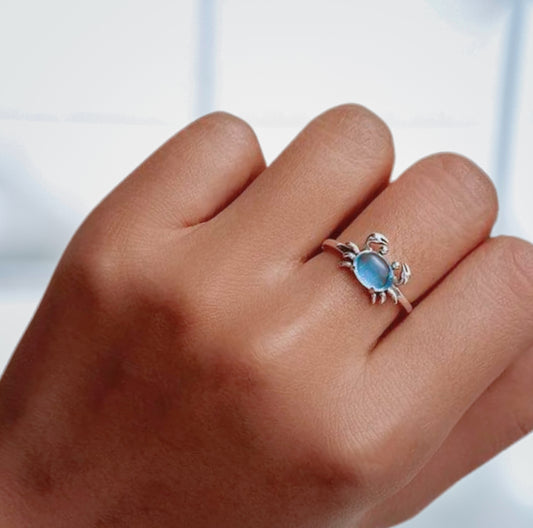 Crab Ring 925 Sterling Silver with Blue Sea Glass on finger model