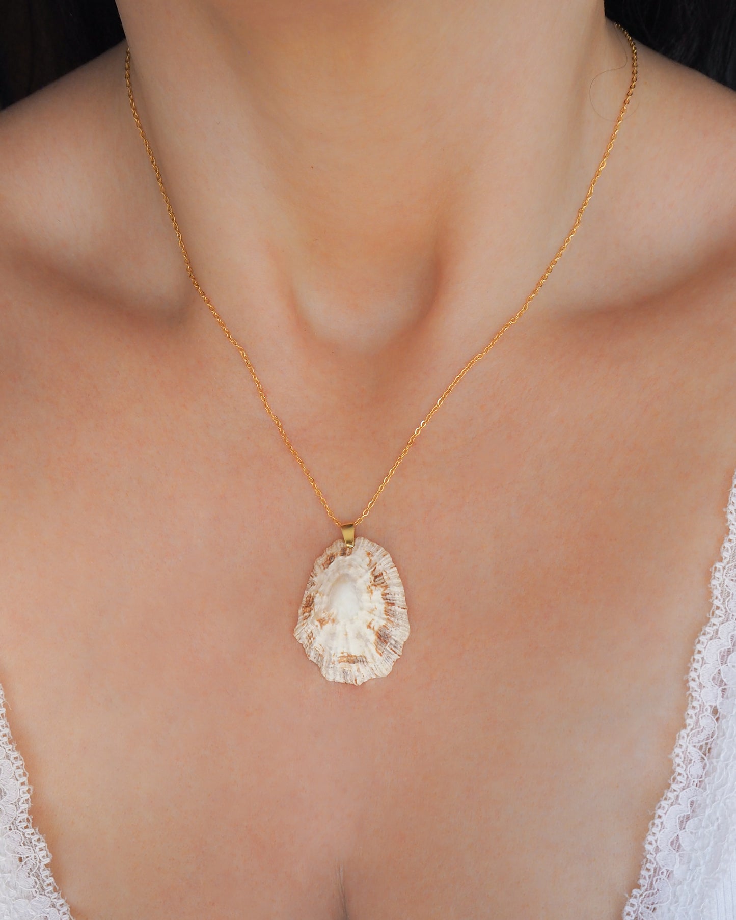 Limpet Shell Necklace on model with Gold Stainless Steel Chain, Ocean Inspired Jewelry, Sea by Lou