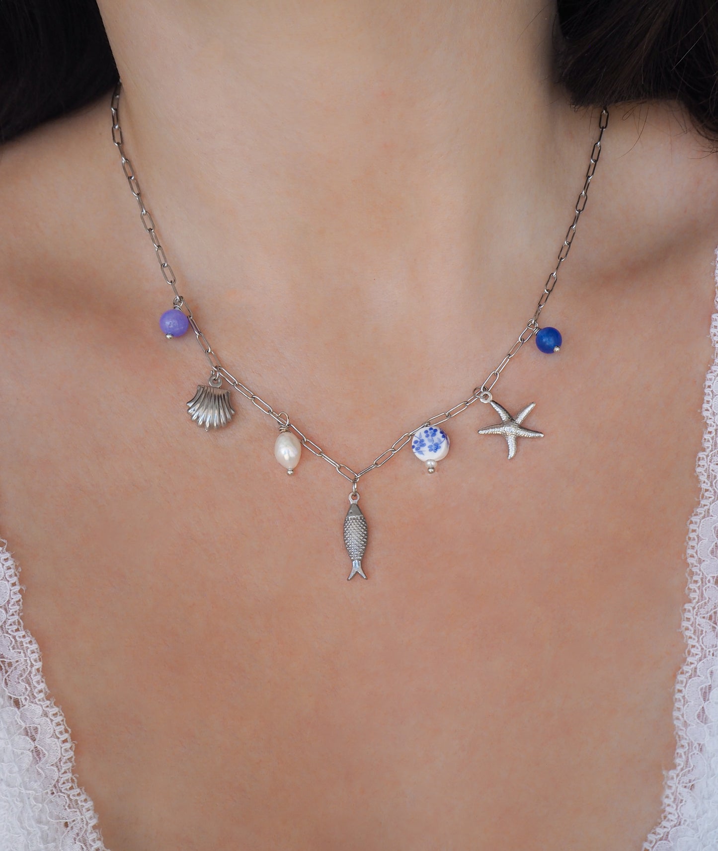 Portuguese Sardine Azulejo Silver Necklace on model
