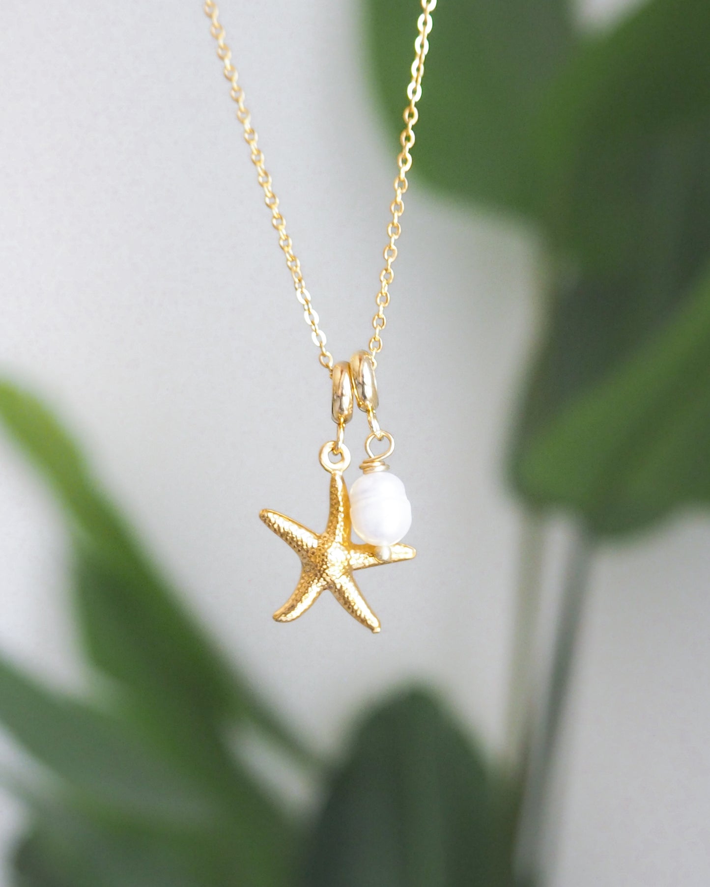 Gold Sea Star Starfish Necklace with Freshwater Pearl Bead