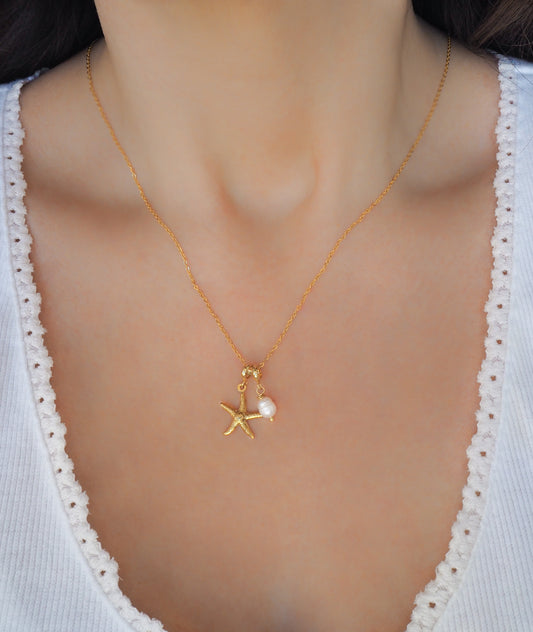 Gold Sea Star Starfish Necklace with Freshwater Pearl Bead on neck model