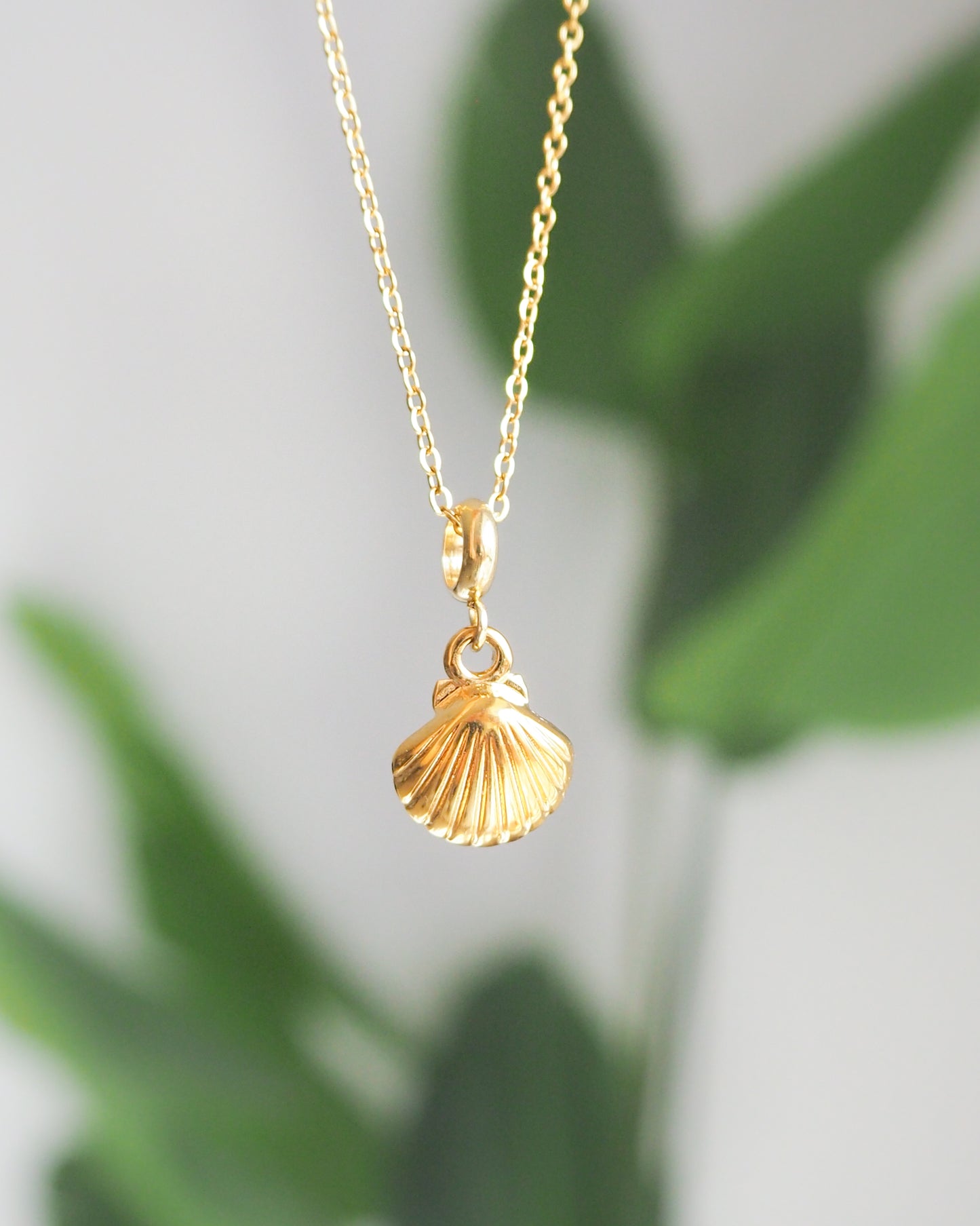 Front view of Gold Tiny Shell Necklace, dainty shell pendant