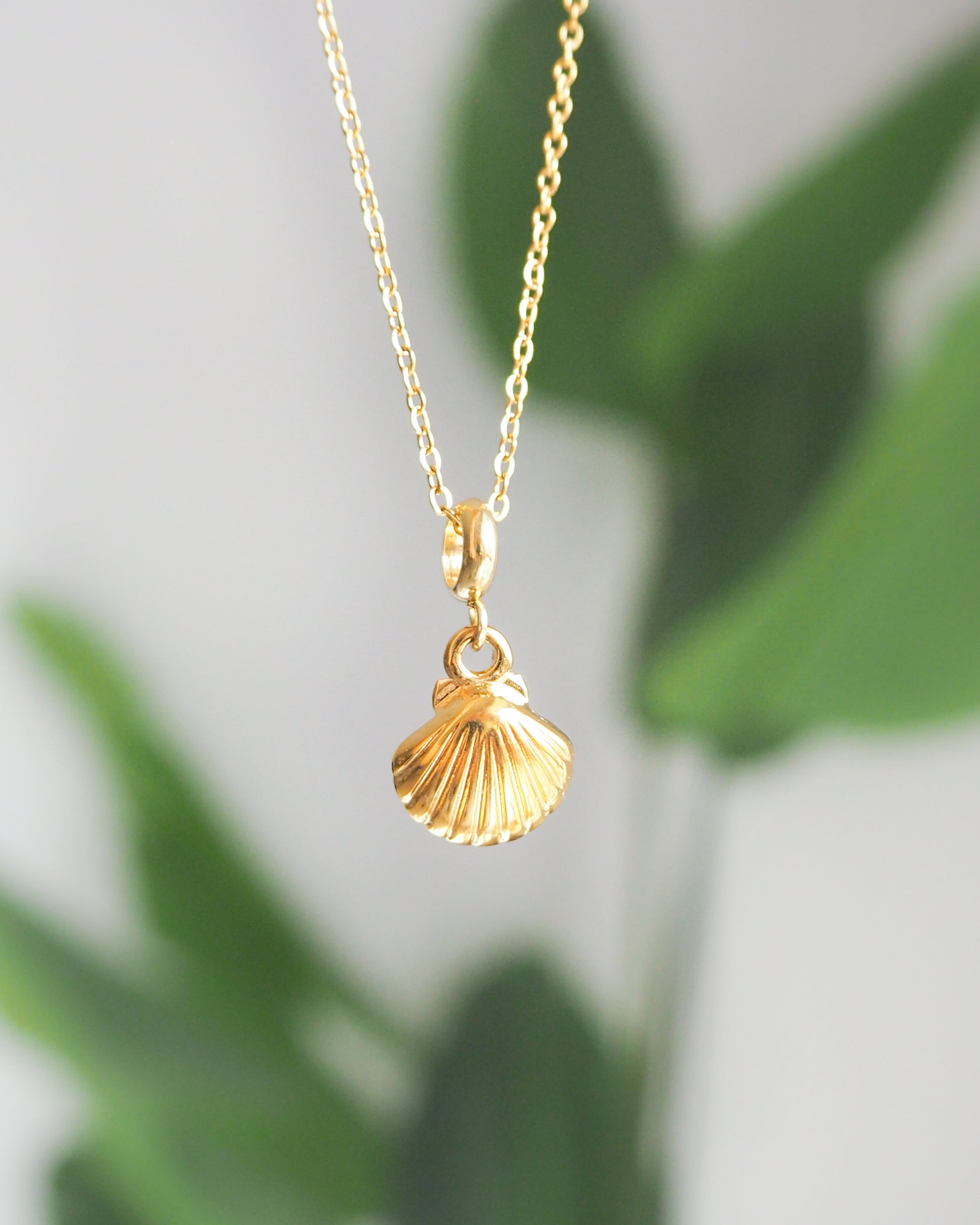 Front view of Gold Tiny Shell Necklace, dainty shell pendant