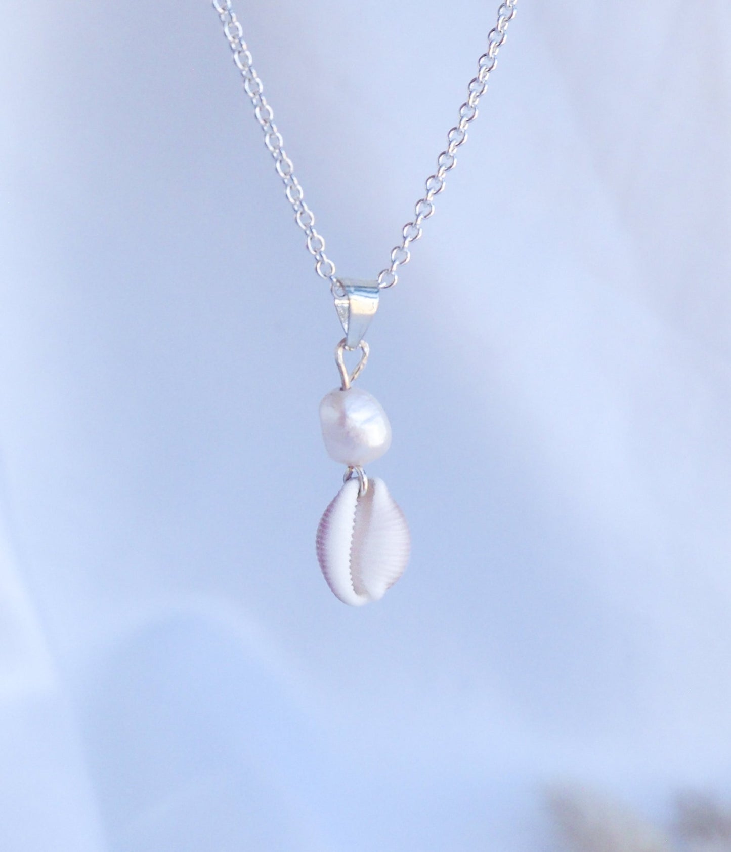 Silver Cowrie Shell Pearl wedding Necklace White Pearl