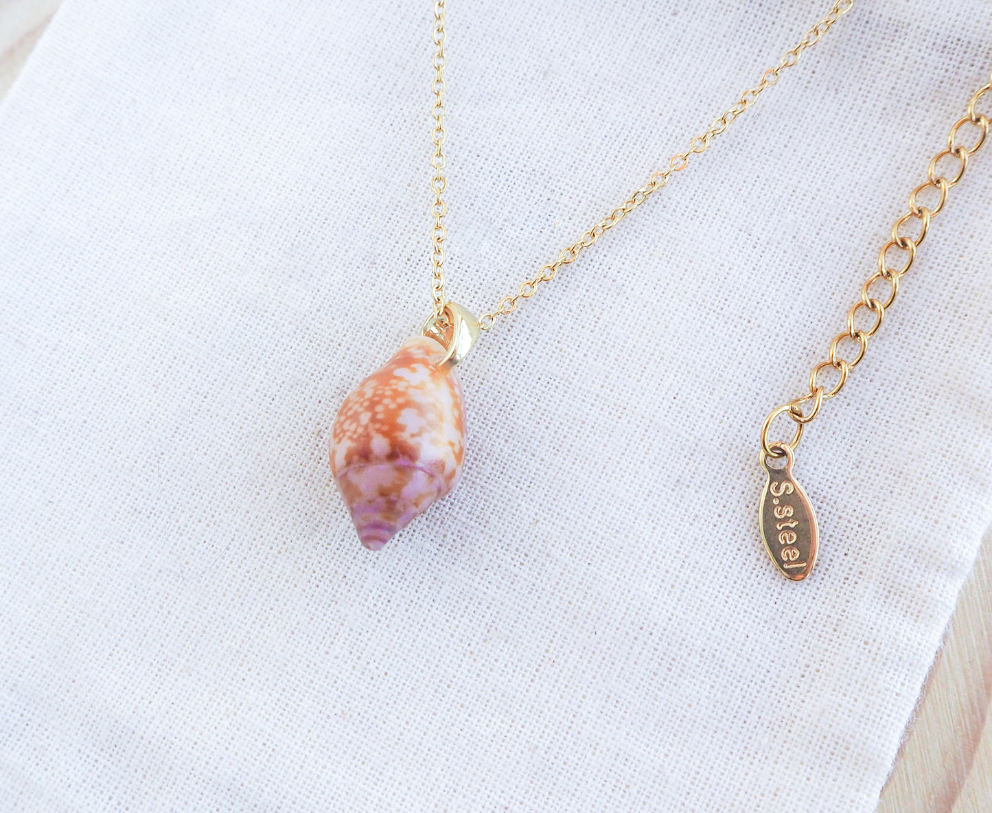 Tiny Dove Shell Gold Necklace on display, Tiny shell from Portugal