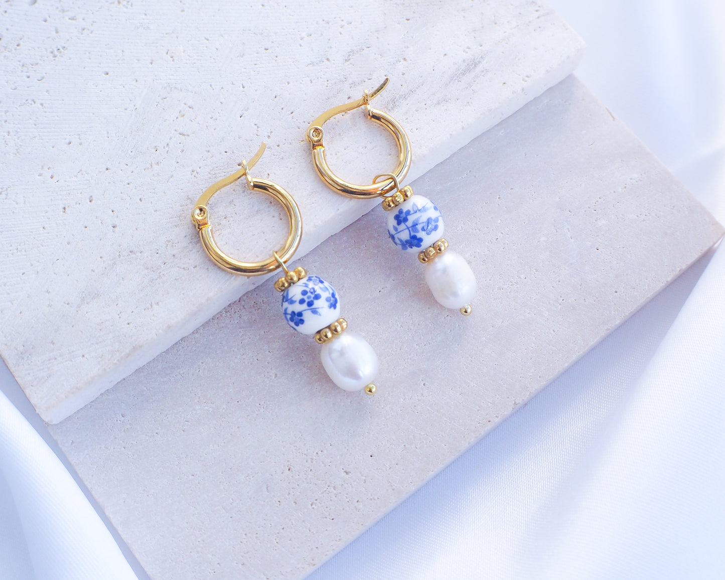 Portuguese Ceramic Pearl Earrings on display, Azulejo Earrings from Portugal, Portuguese Tlle Jewelry, Blue White Flower Porcelain Earringsn