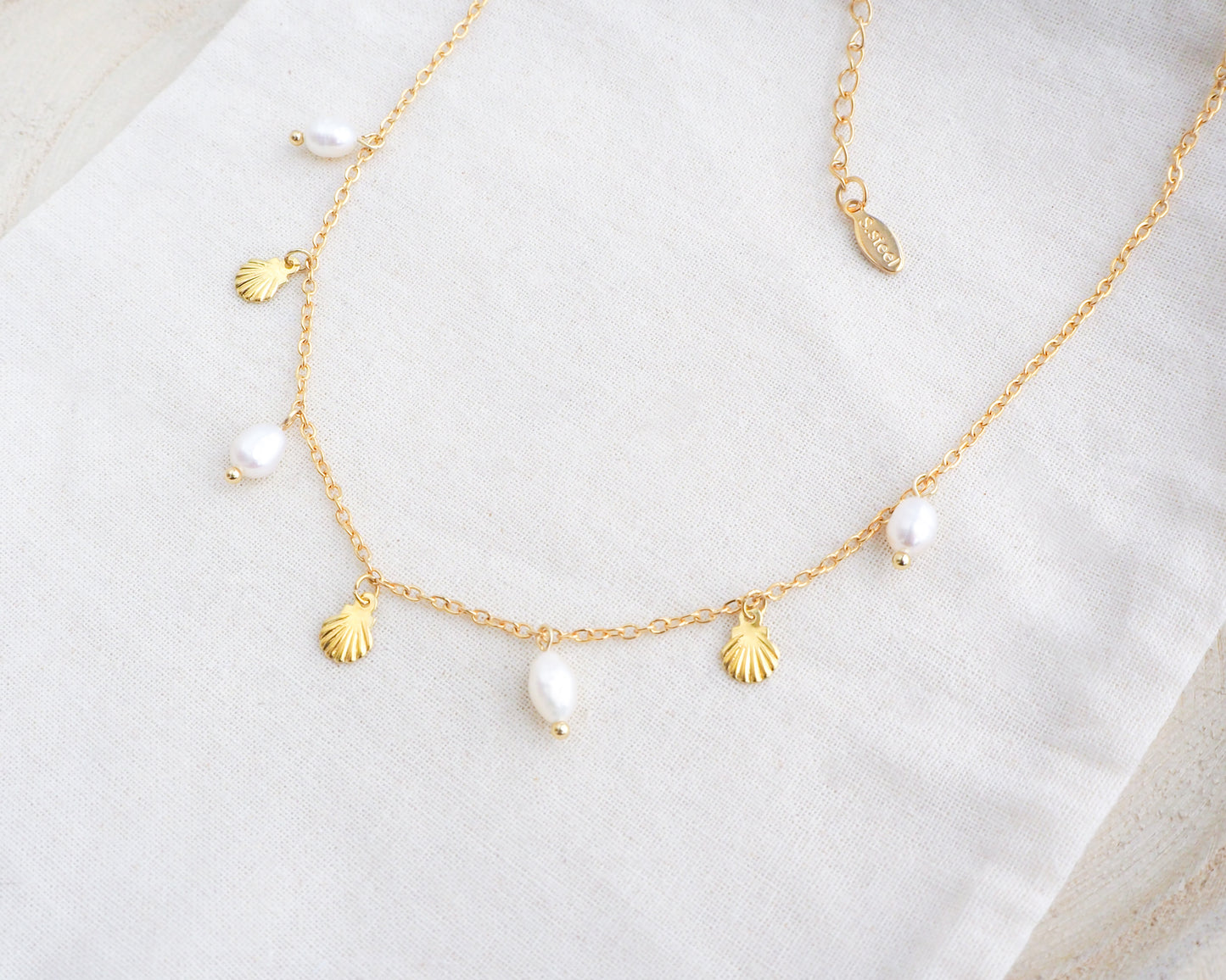 Tiny Shell Pearl Charm Necklace ~ Gold