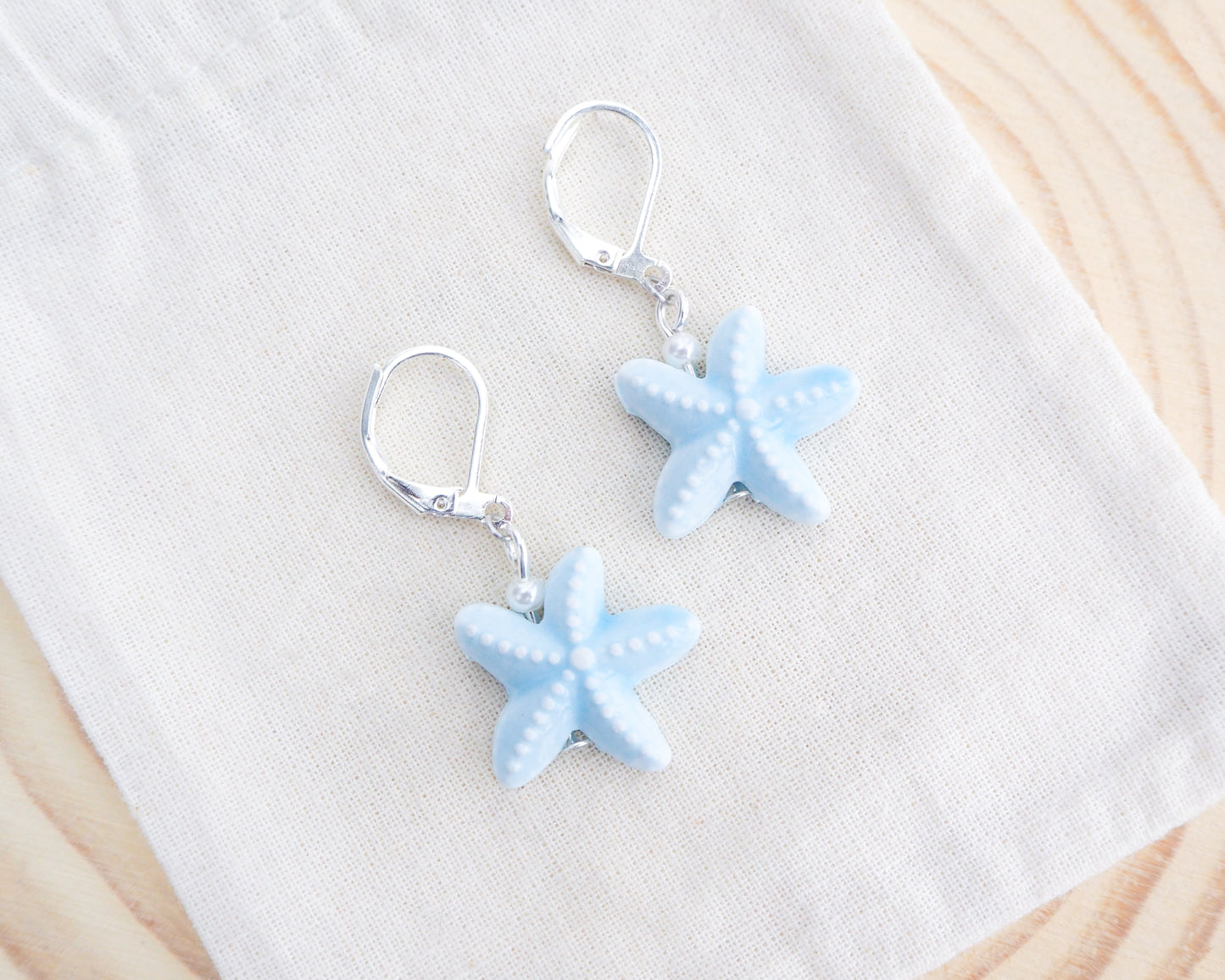 SEA STAR CERAMIC EARRINGS ~ Silver Pastel Blue