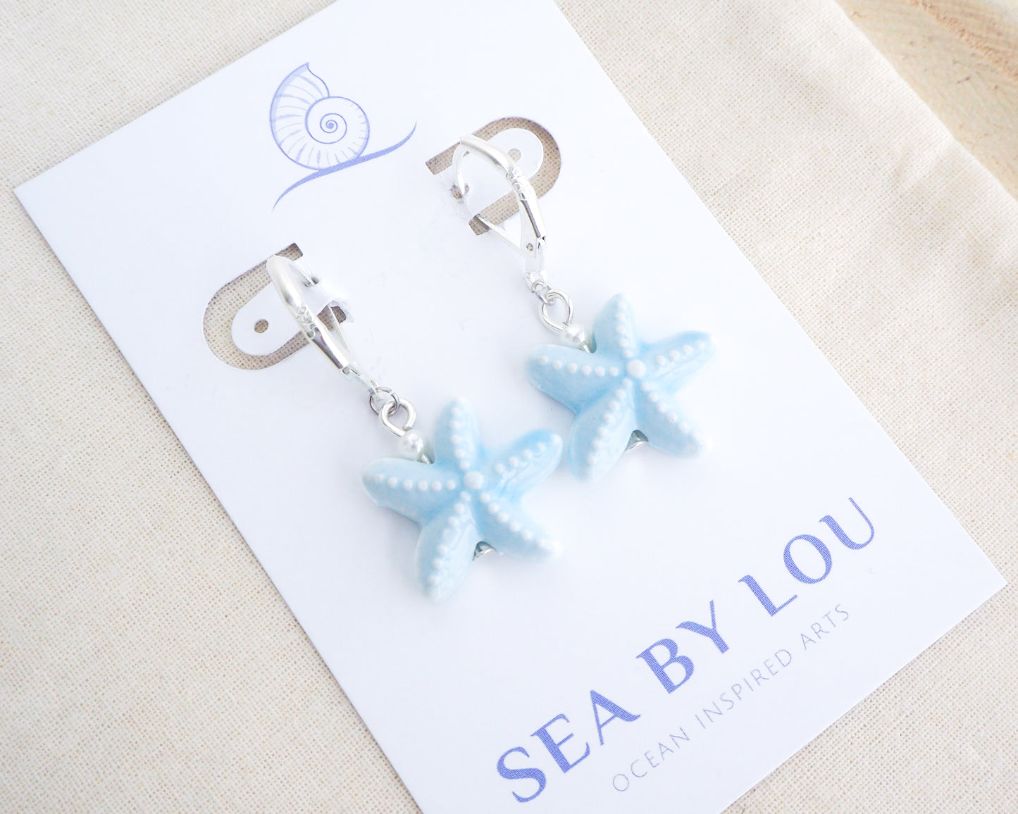SEA STAR CERAMIC EARRINGS ~ Silver Pastel Blue
