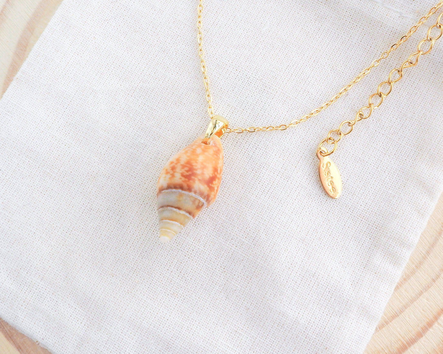 Rustic Dove Shell Gold Necklace on display side view, Light Rustic Dove Shell from Portugal
