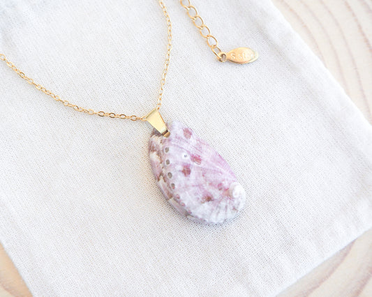 Soft Lilac Abalone Shell Gold Necklace on display
