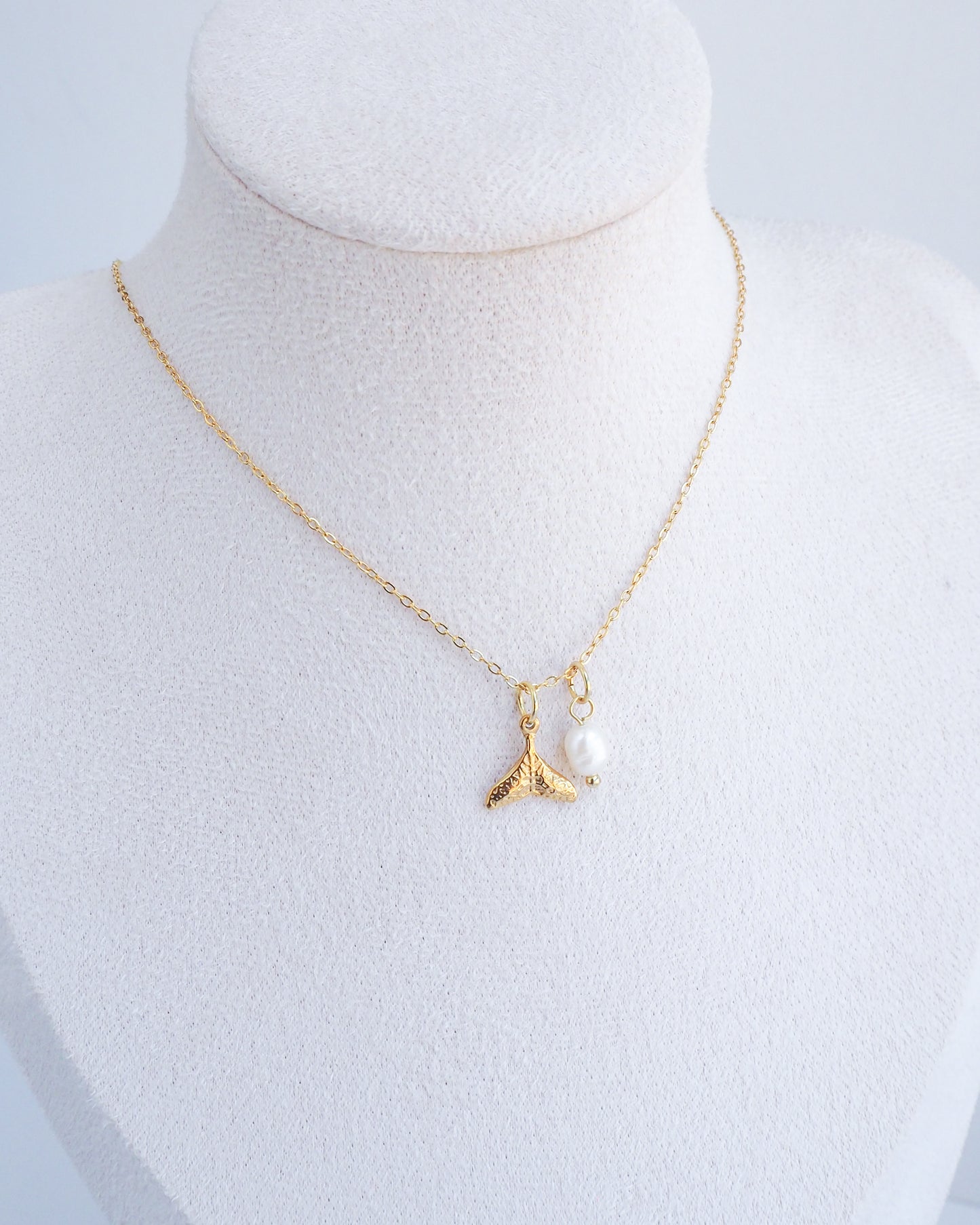 Gold Whale Tail Pearl Necklace ~ Ivory White