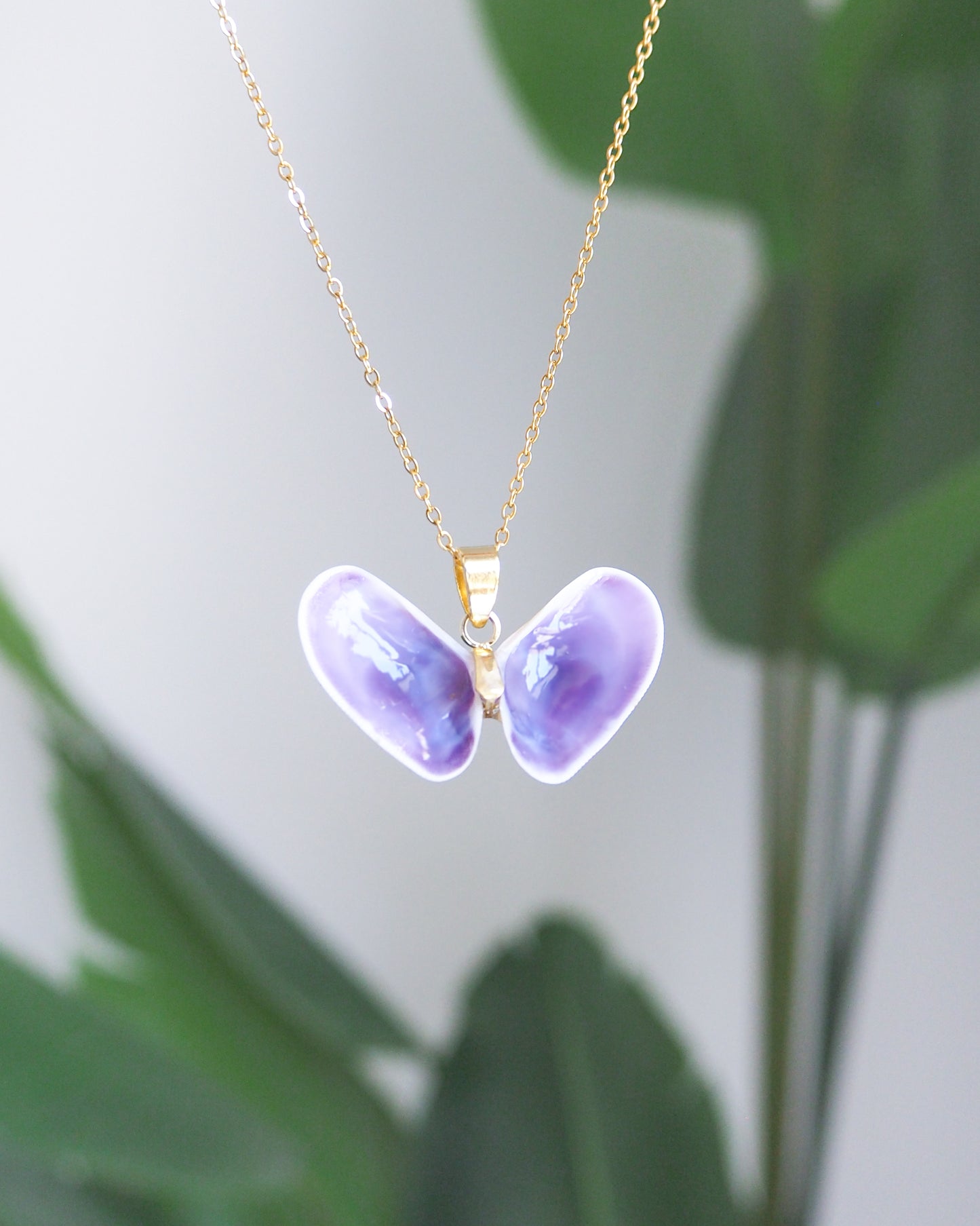 SEASHELL NECKLACE ~ Purple Butterfly Coquina Shells Gold