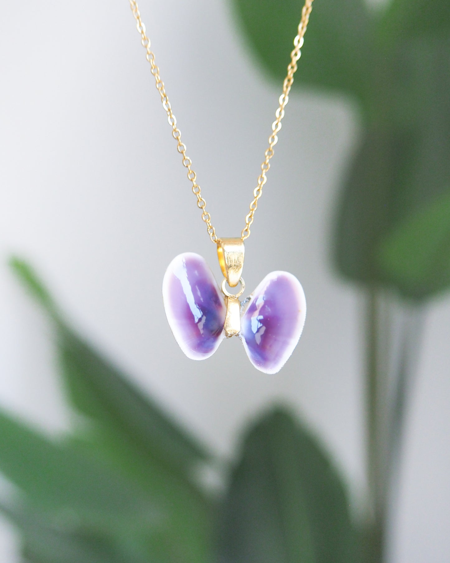 Tiny Purple Butterfly Shell Gold Necklace front view