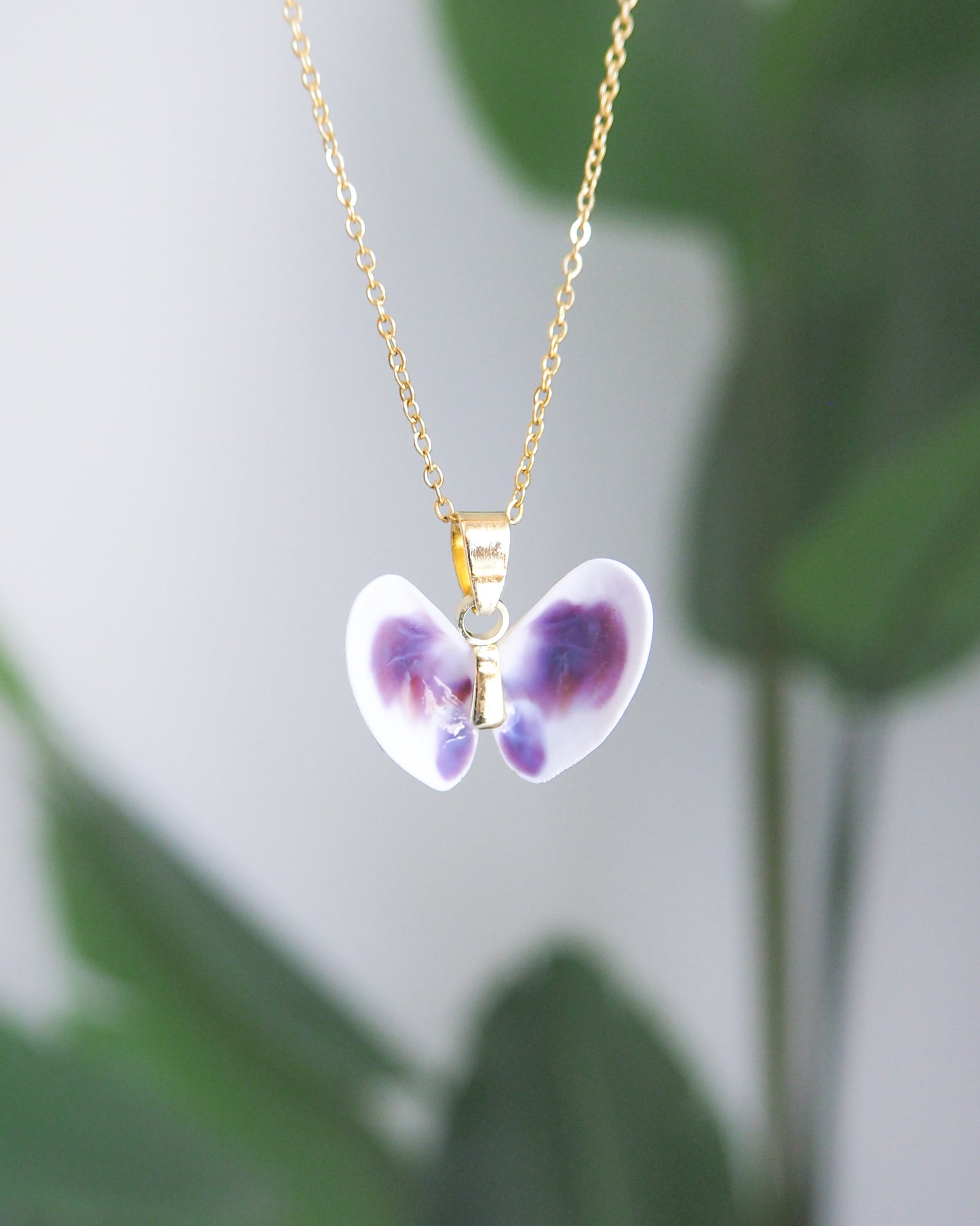 SEASHELL NECKLACE ~ Tiny Purple White Butterfly Shells