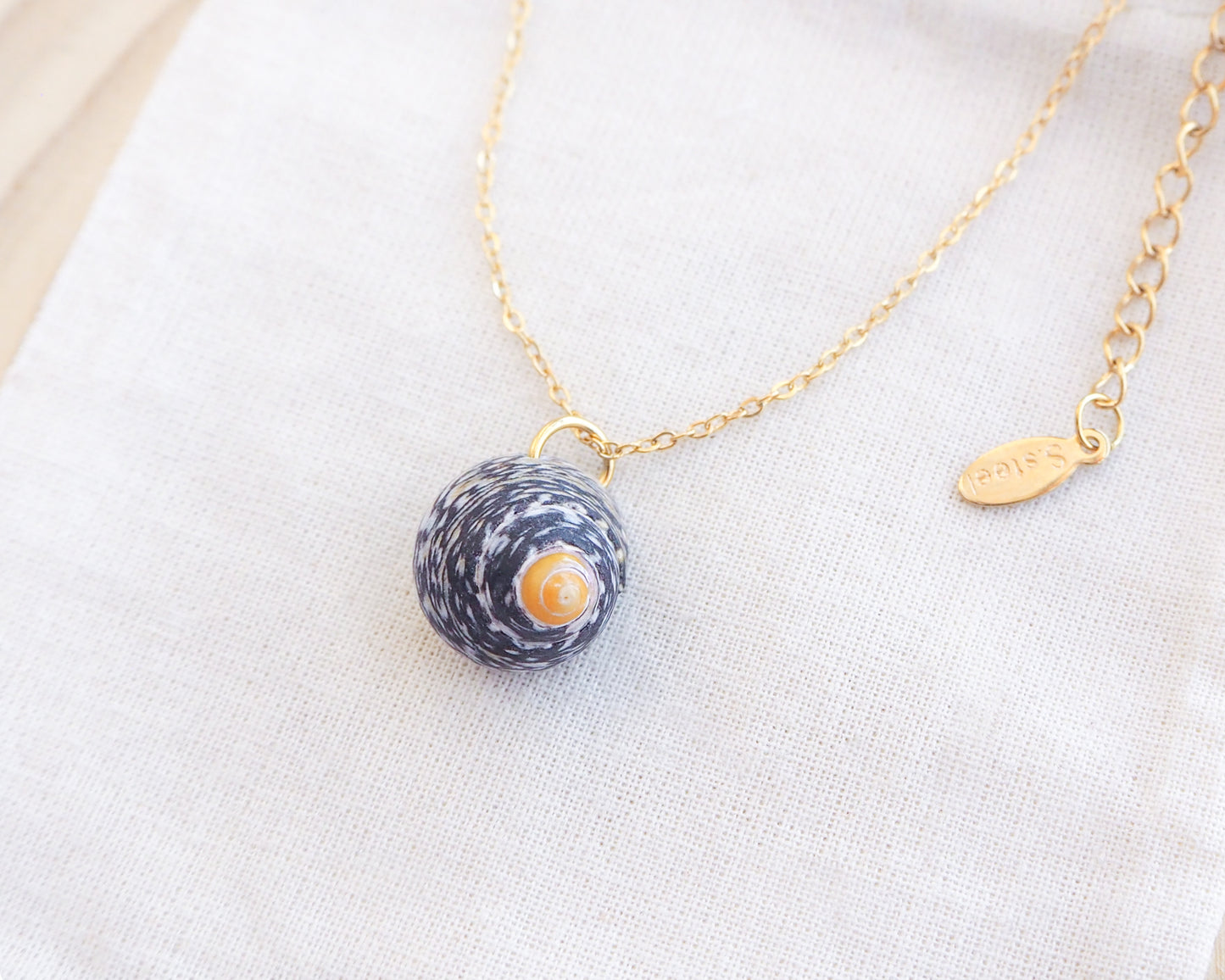 Gold Lined Top Shell Necklace on display, Shell from Portugal side view
