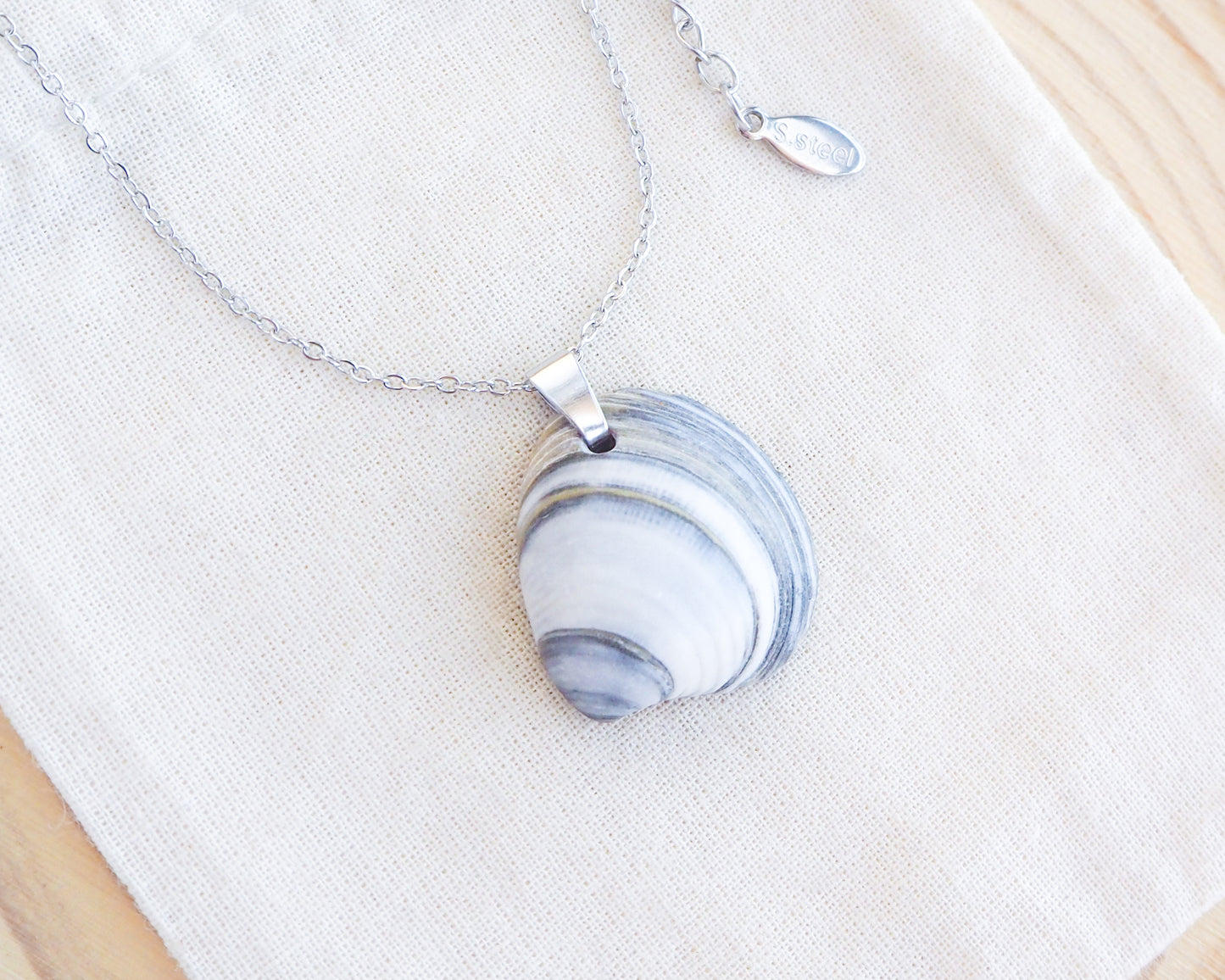 SEASHELL NECKLACE ~ Silver Denim Striped Venus Shell