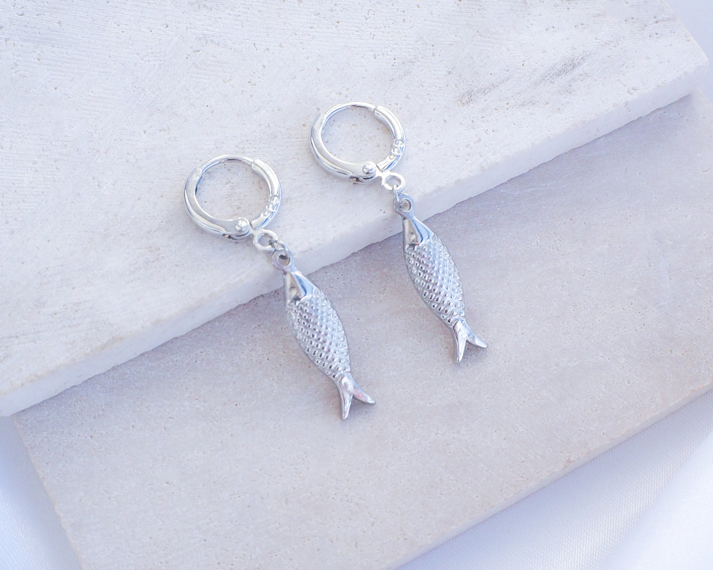 Sardine Fish 925 Silver Earrings on stone