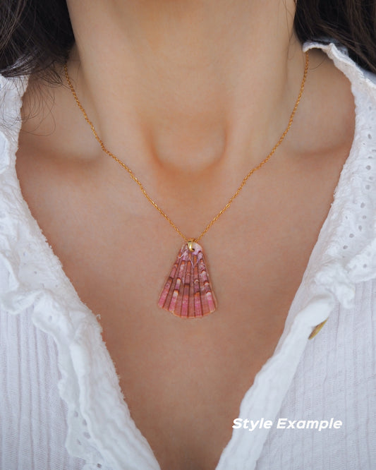 Gold Coral Great Scallop Shell Piece Pendant on model, Sea by Lou