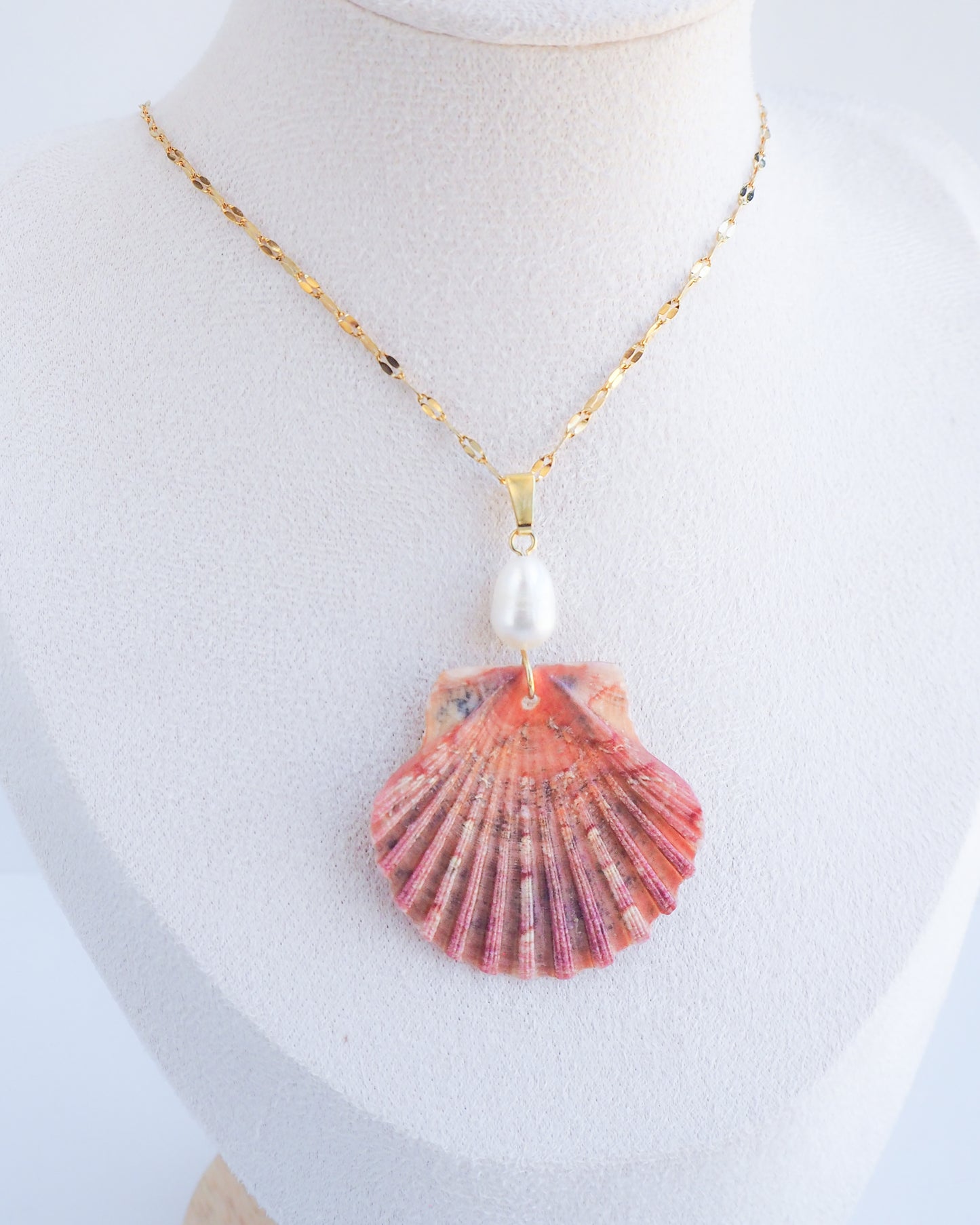 Pink Scallop Shell Pearl Necklace on neck display, Gold Necklace with Great Scallop Shell and Freshwater Pearl on display
