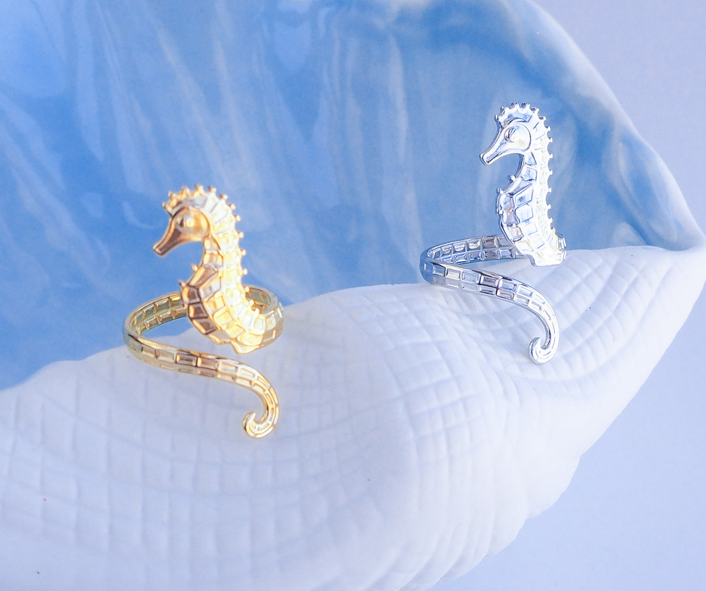 Gold and silver seahorse rings with blue background, hippocampus ring 14k gold or silver stainless steel