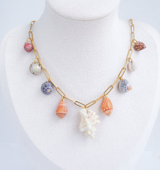 Seashell Charm Gold Necklace on stand. Gold Shell Charm necklace with 9 Shells from Portugal. Cone Shells, Cowrie Shell, Top Shell