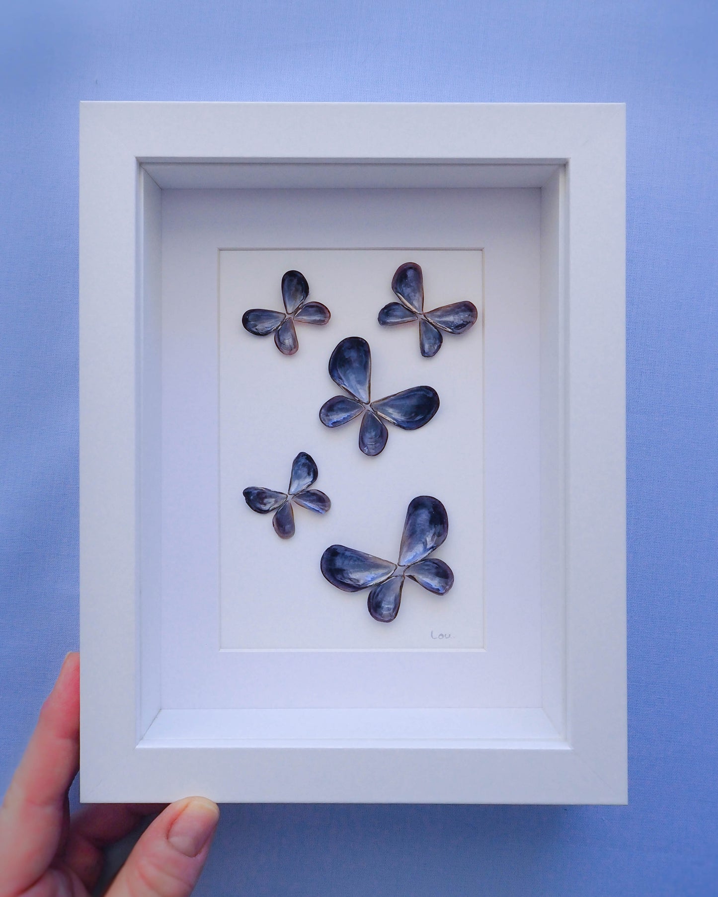 Seashell artwork blue butterfly, mussel shells Portugal, unique gift Algarve, Seashell wall art, Coastal decor, seabylou, sea by lou