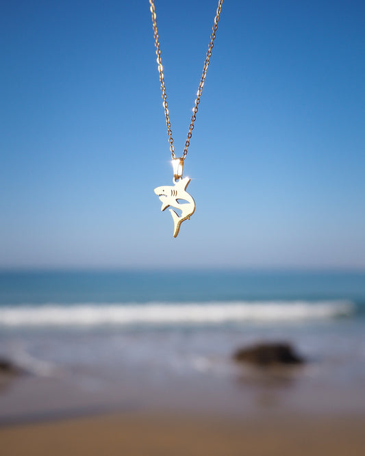 Gold Shark Necklace with ocean background, Cute Shark Necklace