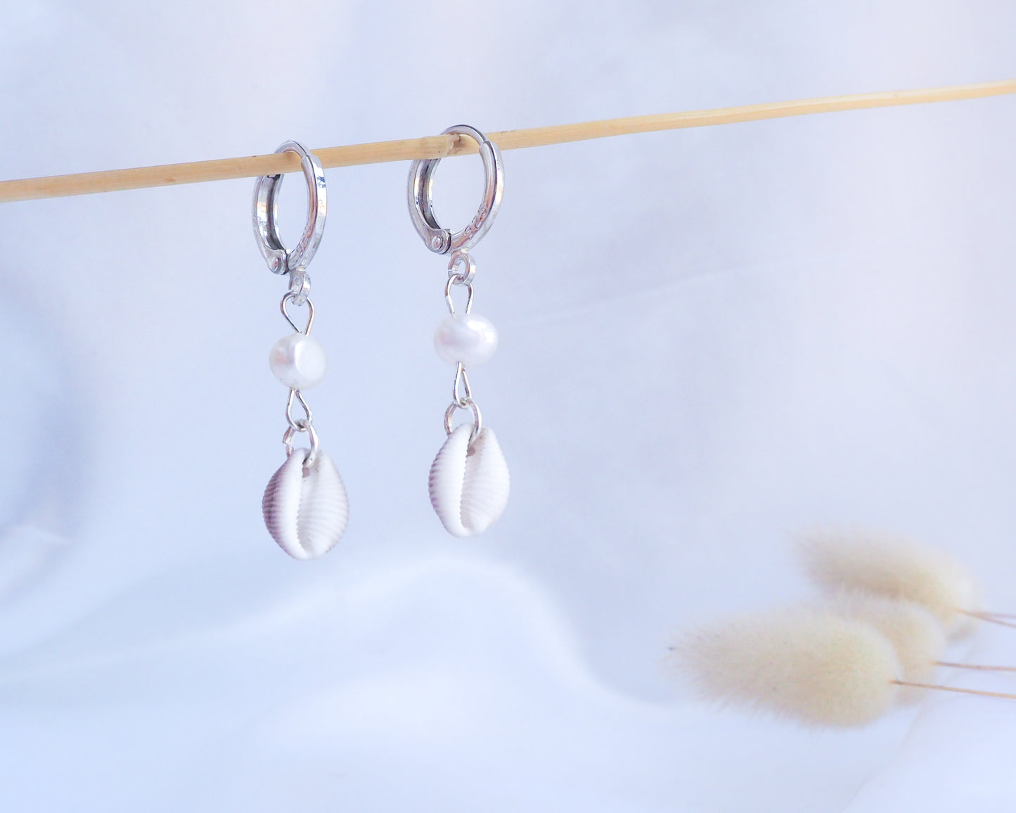 Tiny cowrie shell earrings with freshwater pearls and 925 silver hoops, beach wedding jewelry