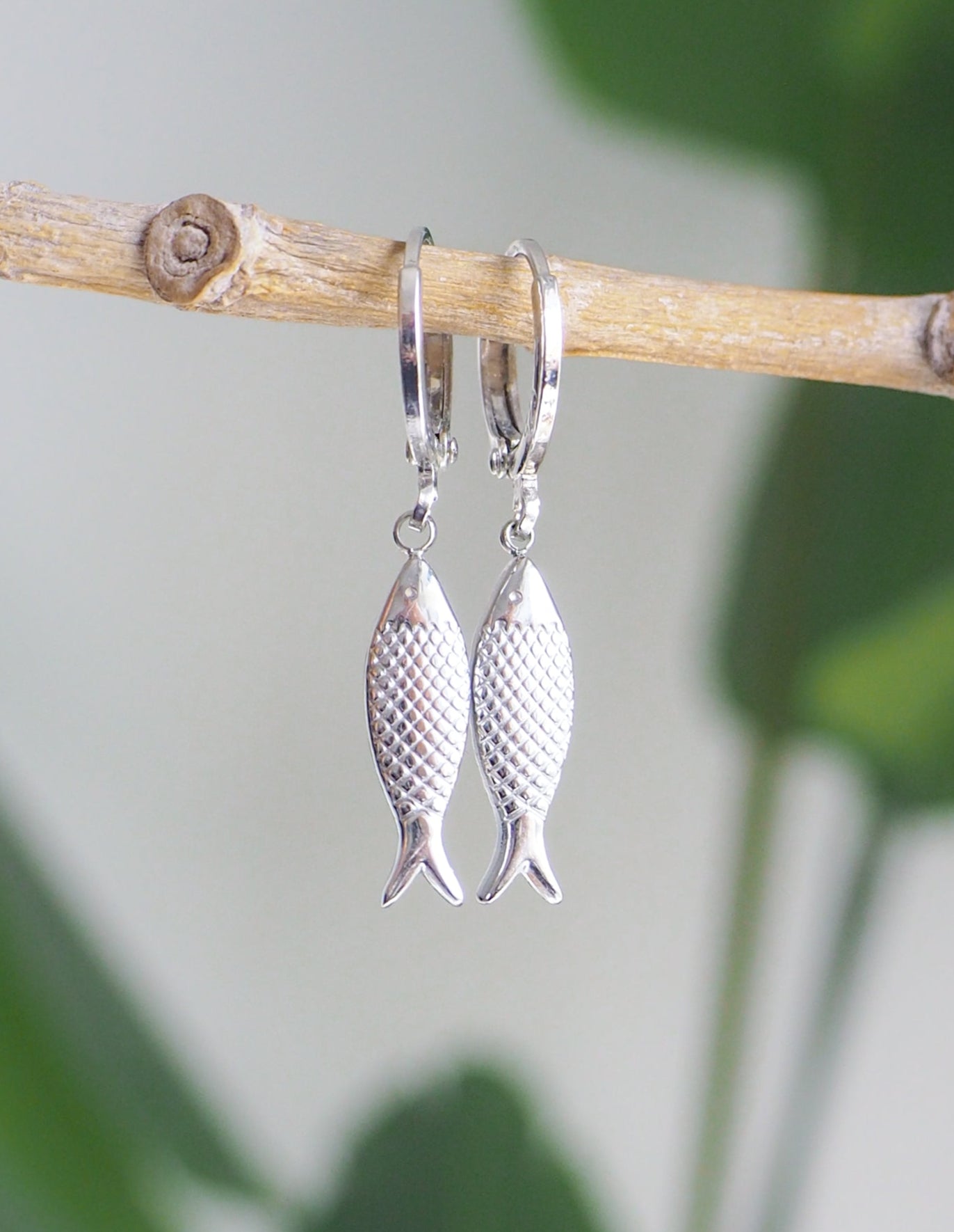 Silver Sardine Fish Earrings from Portugal front view